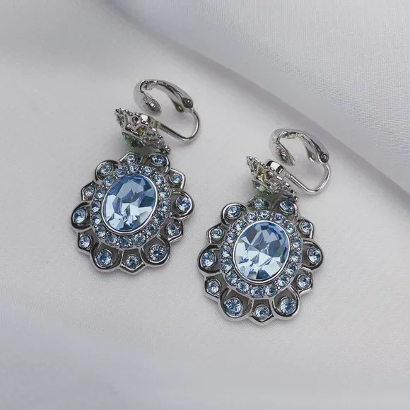 Givenchy Pastel Blue Rhinestone Jewel Flower Oval Silver Dangle Clip Earrings - Picture 3 of 9